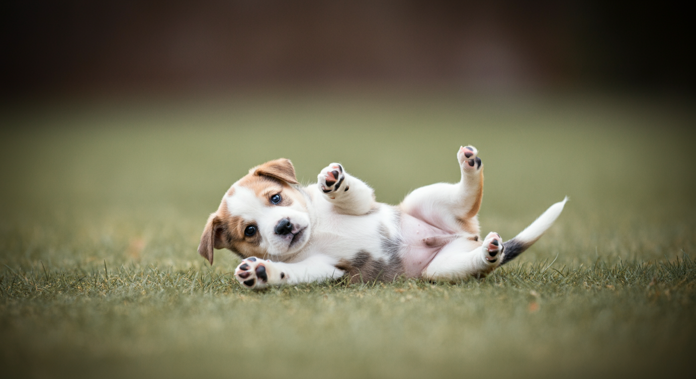 緑の芝生の上で、楽しそうに転がって遊んでいる子犬。
