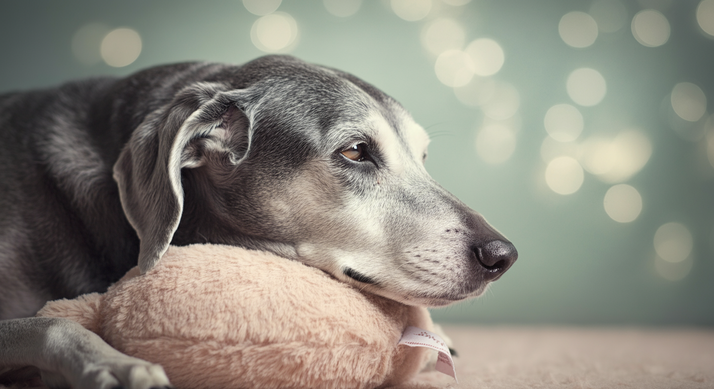 柔らかいぬいぐるみに頭を乗せて穏やかに眠るシニア犬
