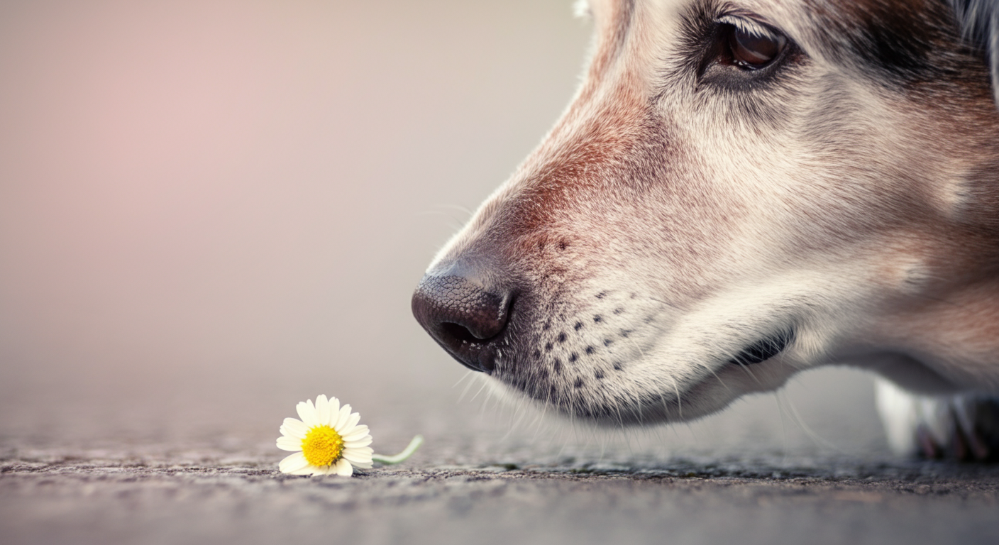 地面に咲く小さな花の匂いを嗅ぐシニア犬の鼻のクローズアップ。