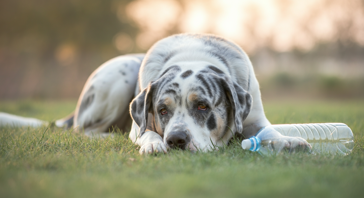 夕暮れの光が差す芝生の上で、満足げに伏せている大型犬。その隣には空になった給水ボトルが置かれている。
