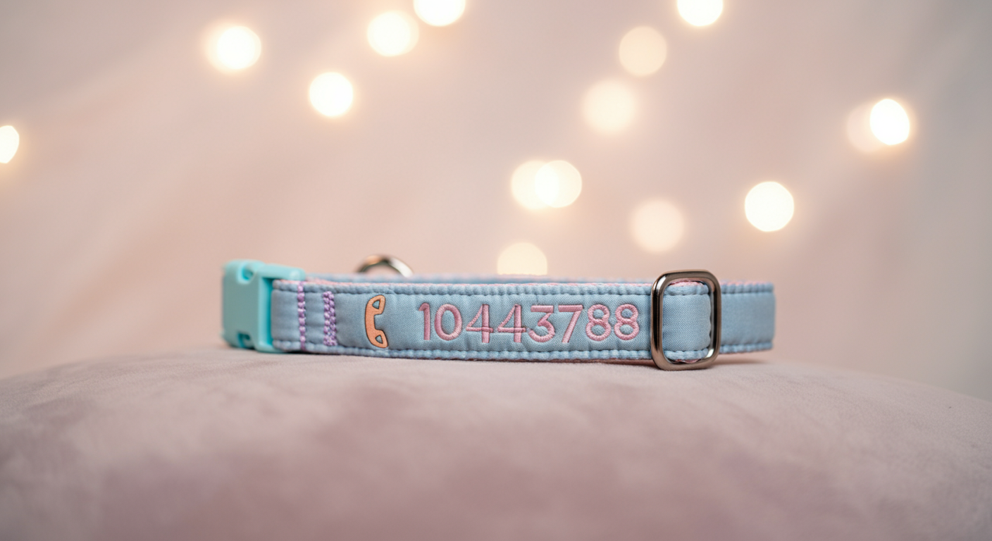 パステルカラーの布製首輪に、電話番号が直接刺繍されているデザインのクローズアップ写真。
