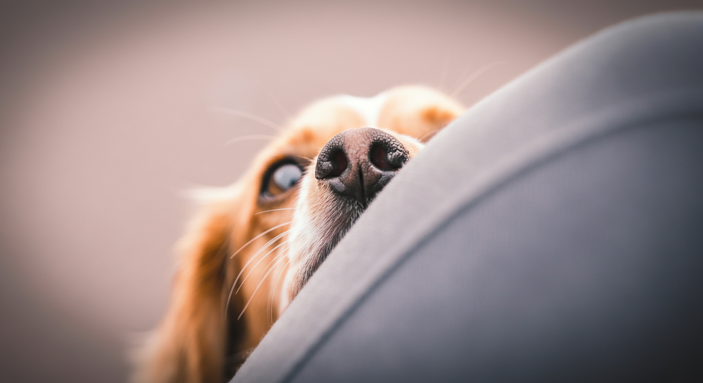 飼い主の足の後ろから、一匹の犬が不安そうに鼻先だけを出している様子のクローズアップ。
