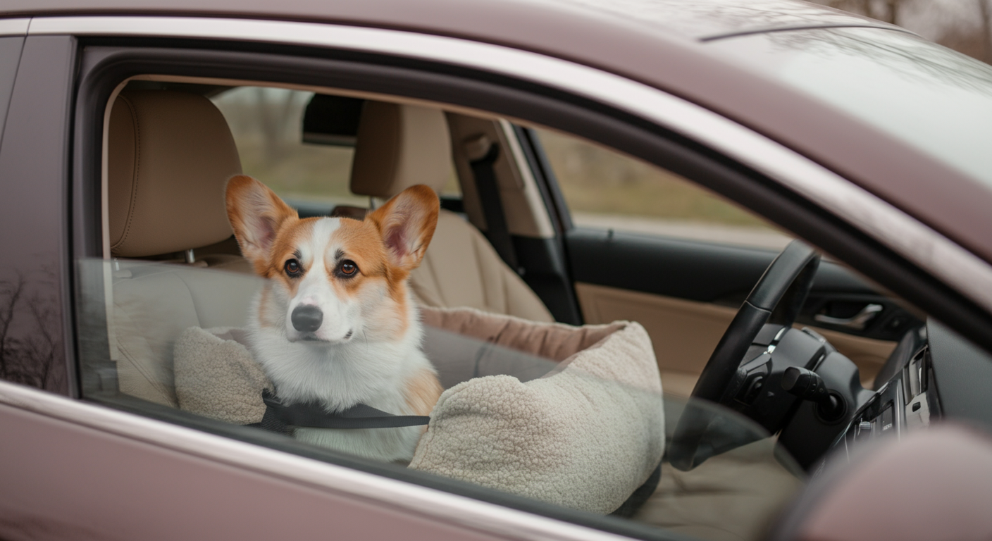 車の助手席に設置された犬用カーシート。外から窓越しに撮影されている。
