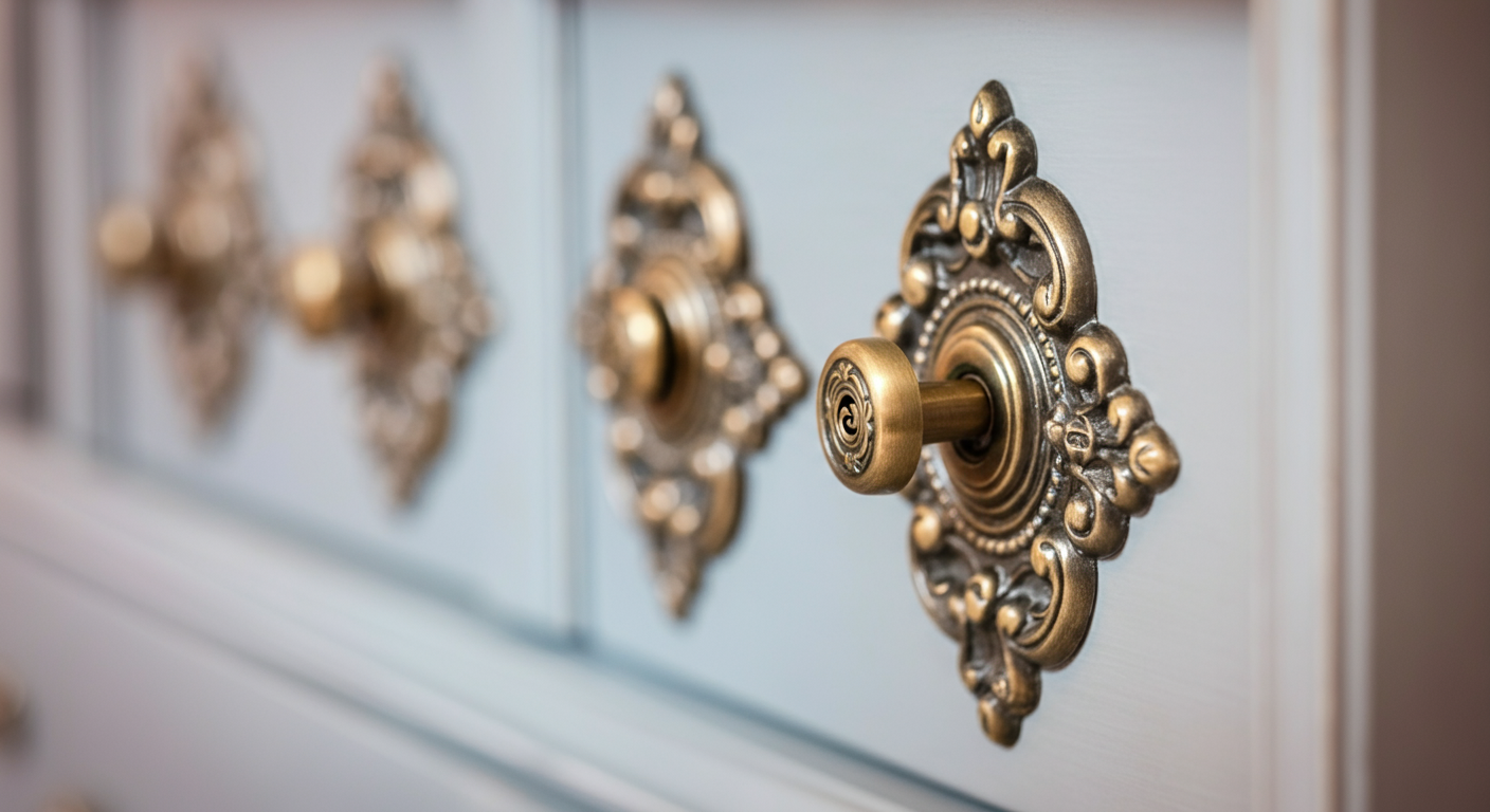 アンティーク調の美しい木製キャビネットの、真鍮製の鍵の部分をクローズアップした写真。安全な保管を象徴している。
