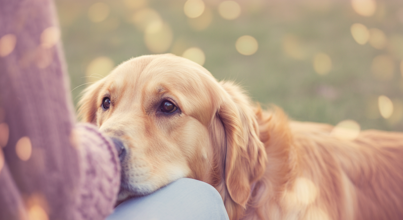 飼い主の膝に頭を乗せて穏やかな表情で休んでいるゴールデンレトリバー。パステルカラーの柔らかい雰囲気の写真で、信頼とリラックスを表現している。