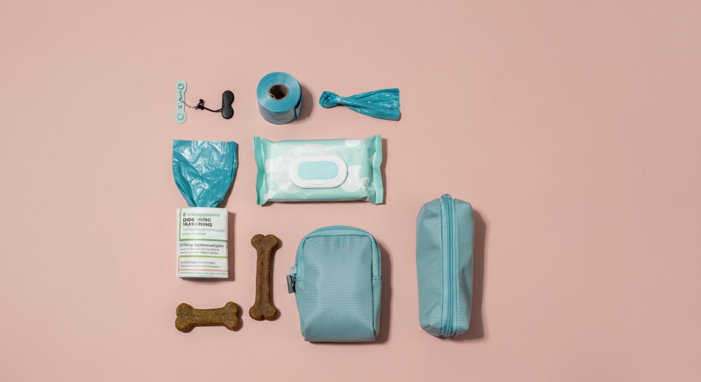 マナーポーチから取り出された中身の俯瞰写真。ウンチ袋、携帯用消毒ジェル、ウェットティッシュ、おやつが綺麗に並べられている。