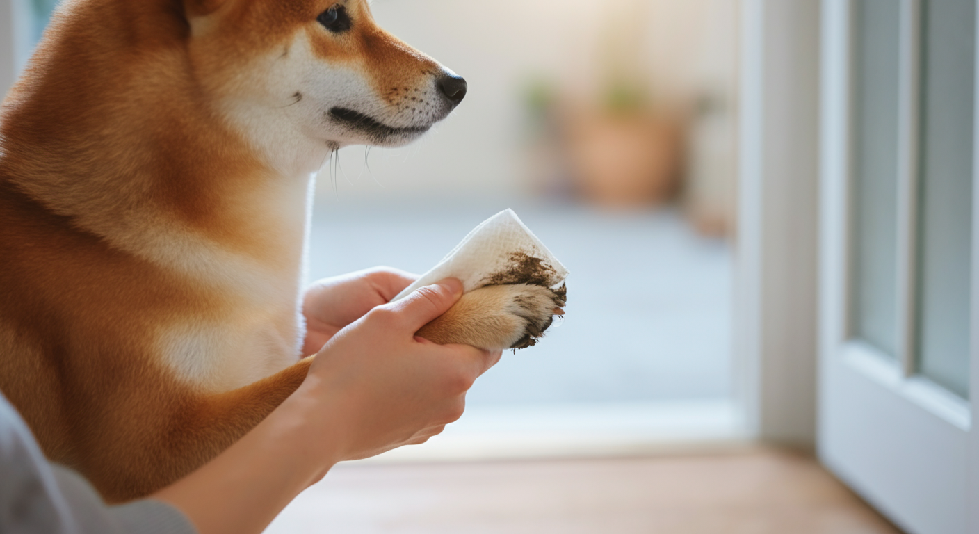 散歩から帰宅し、玄関で飼い主が柴犬の泥で汚れた足をウェットティッシュで丁寧に拭いている様子のクローズアップ写真。背景はきれいにぼかされている。