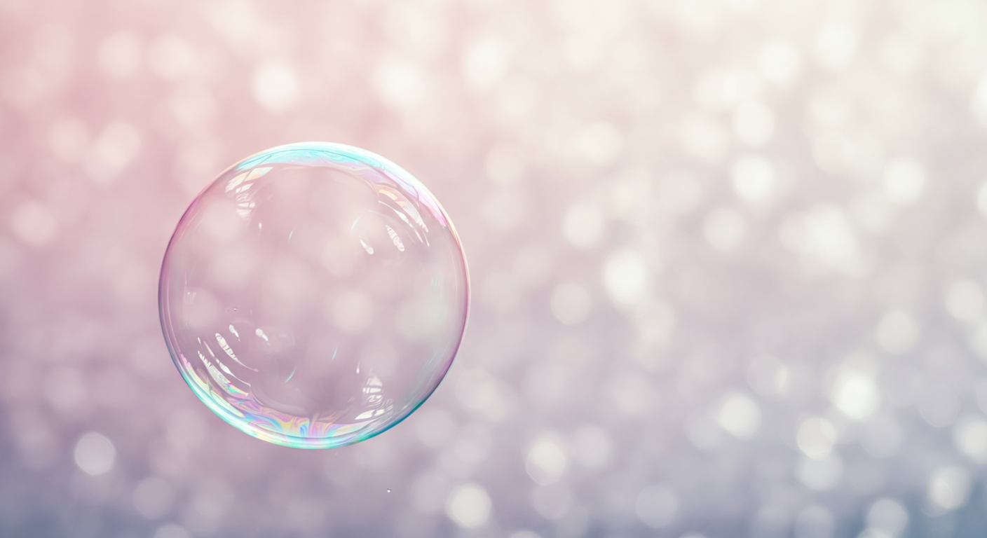 パステルカラーにきらめくシャボン玉が一つ、空中に浮かんでいる瞬間を捉えた写真。美しく儚い瞬間を象徴している。