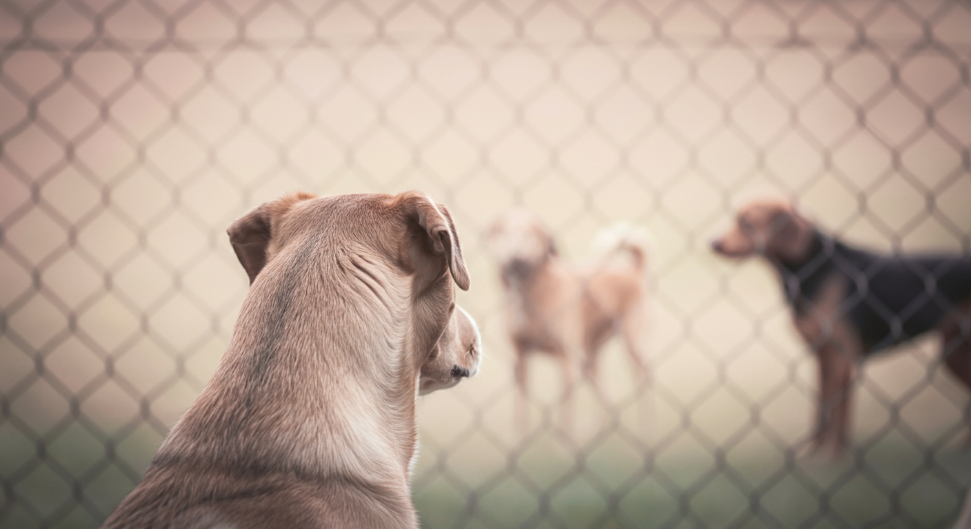 ドッグランのフェンス越しに、遠くで遊ぶ犬たちを落ち着いて眺めている一匹の犬の後ろ姿。