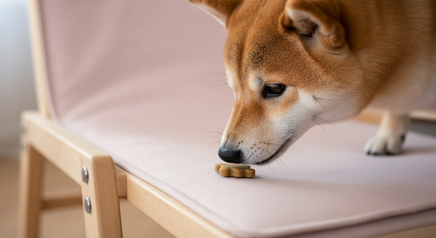 室内に置かれたパステルカラーの椅子の座面にあるおやつと、それを食べようとしている柴犬の鼻先。