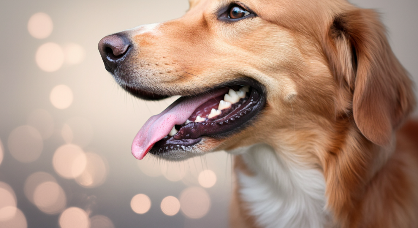 犬が舌を出してハアハアと息をしている口元のアップ写真。背景は大きくぼけており、暑さと水分補給の必要性を象徴している。