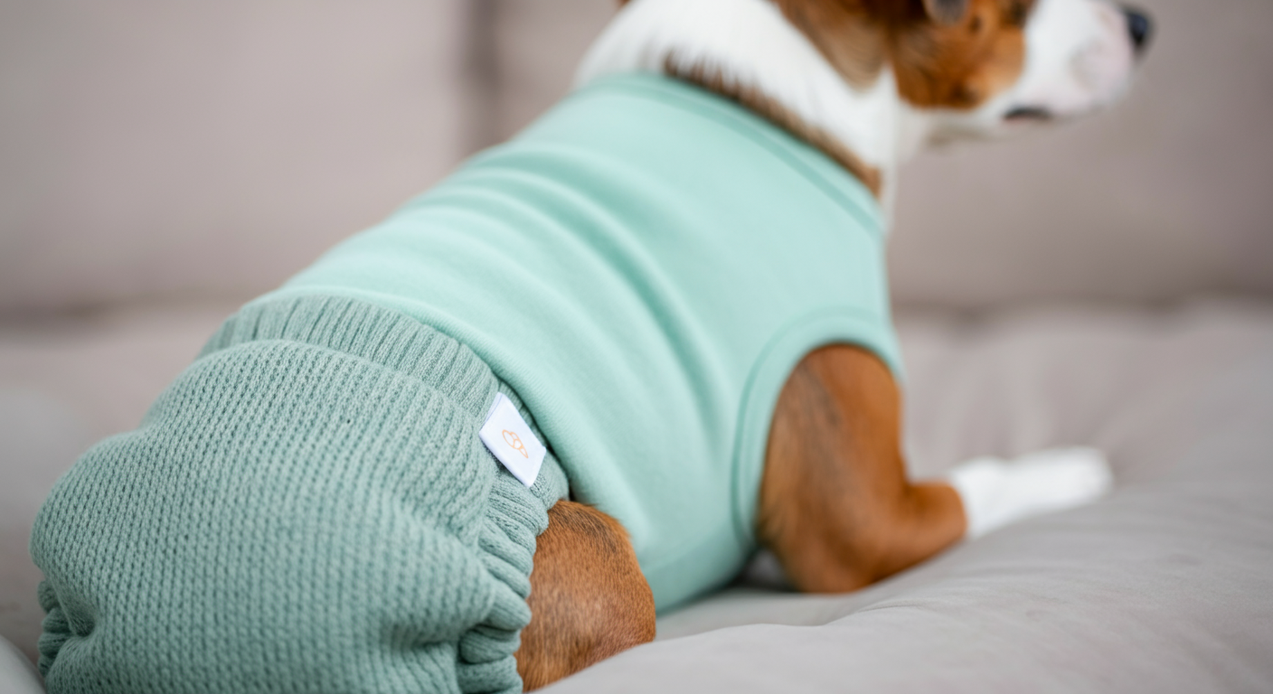 パステルグリーンのマナーウェアを着けた犬のお尻部分のクローズアップ写真