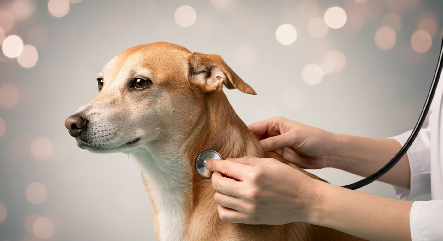 獣医師が聴診器を犬の胸に優しく当てている手元の写真。