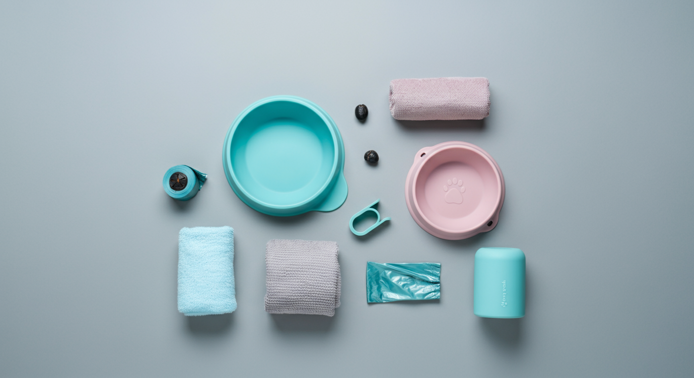 パステルカラーの背景に整然と並べられた、犬用の水筒、折りたたみ式のボウル、排泄物用バッグ、タオル。