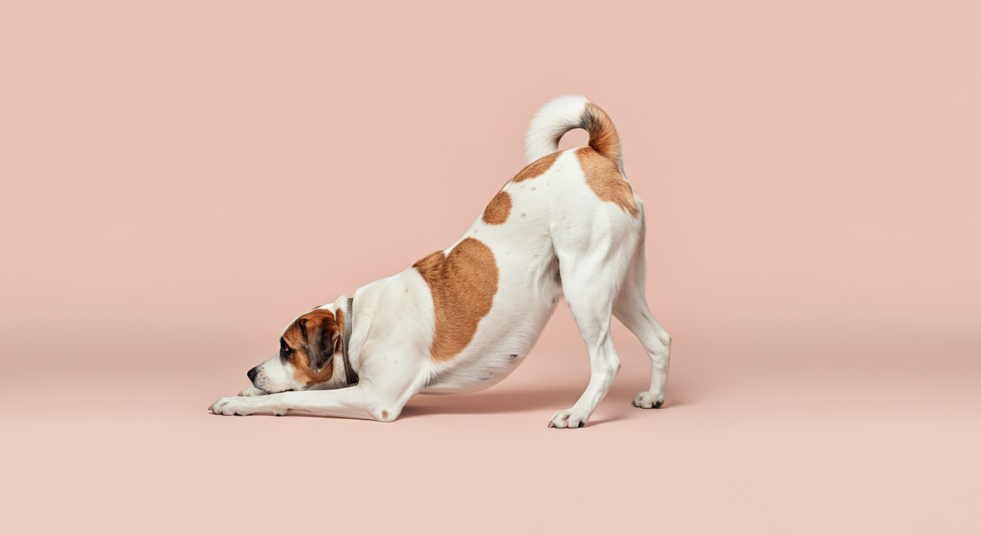パステルカラーの背景で、一頭の大型犬がお尻を高く上げて前足を地面につける「プレイバウ」のポーズをとっている。