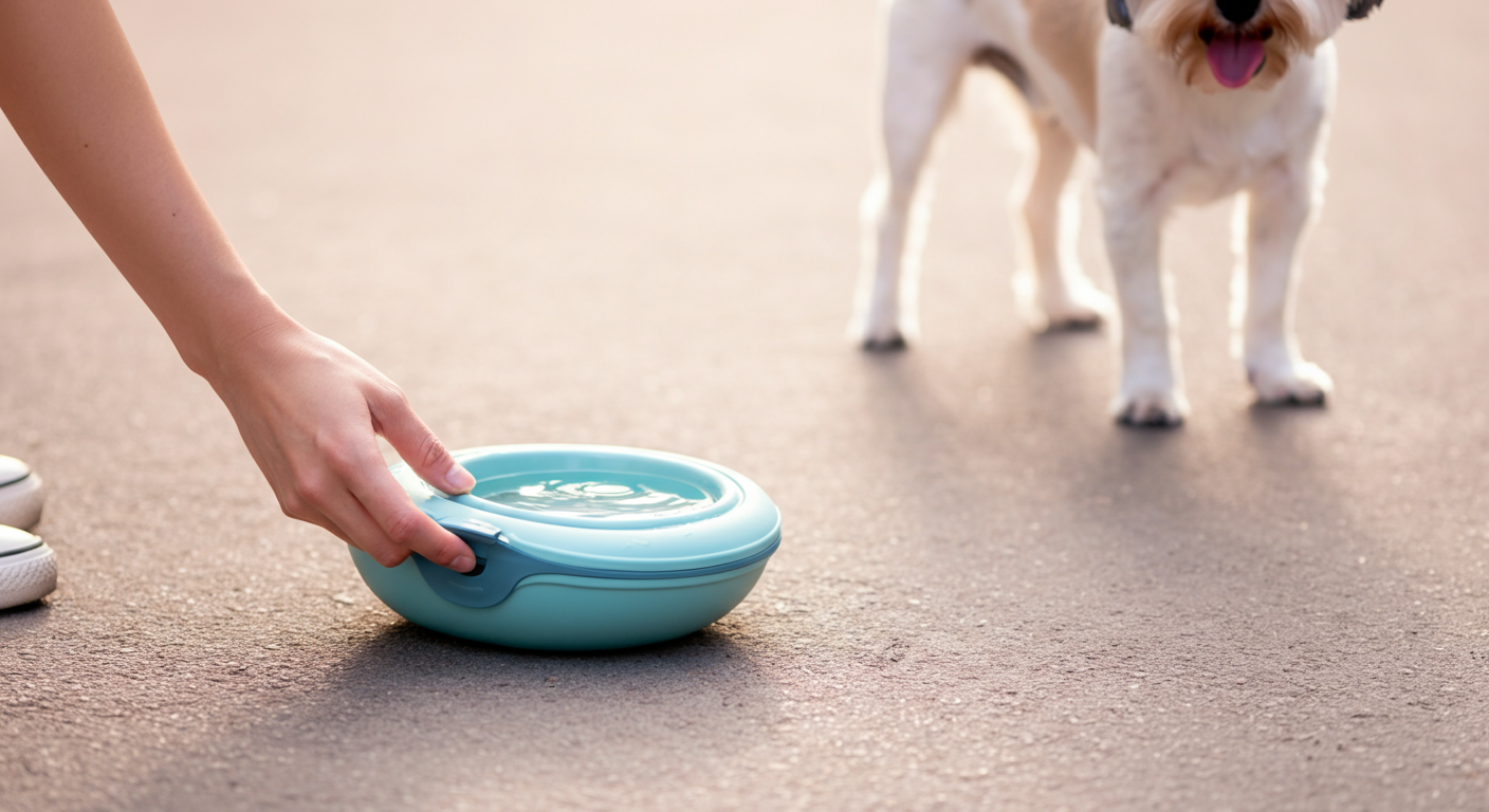 人が携帯用のウォーターボウルを地面に差し出しており、背景には犬の足がぼやけて写っている。丁寧なマナーを表現した写真。
