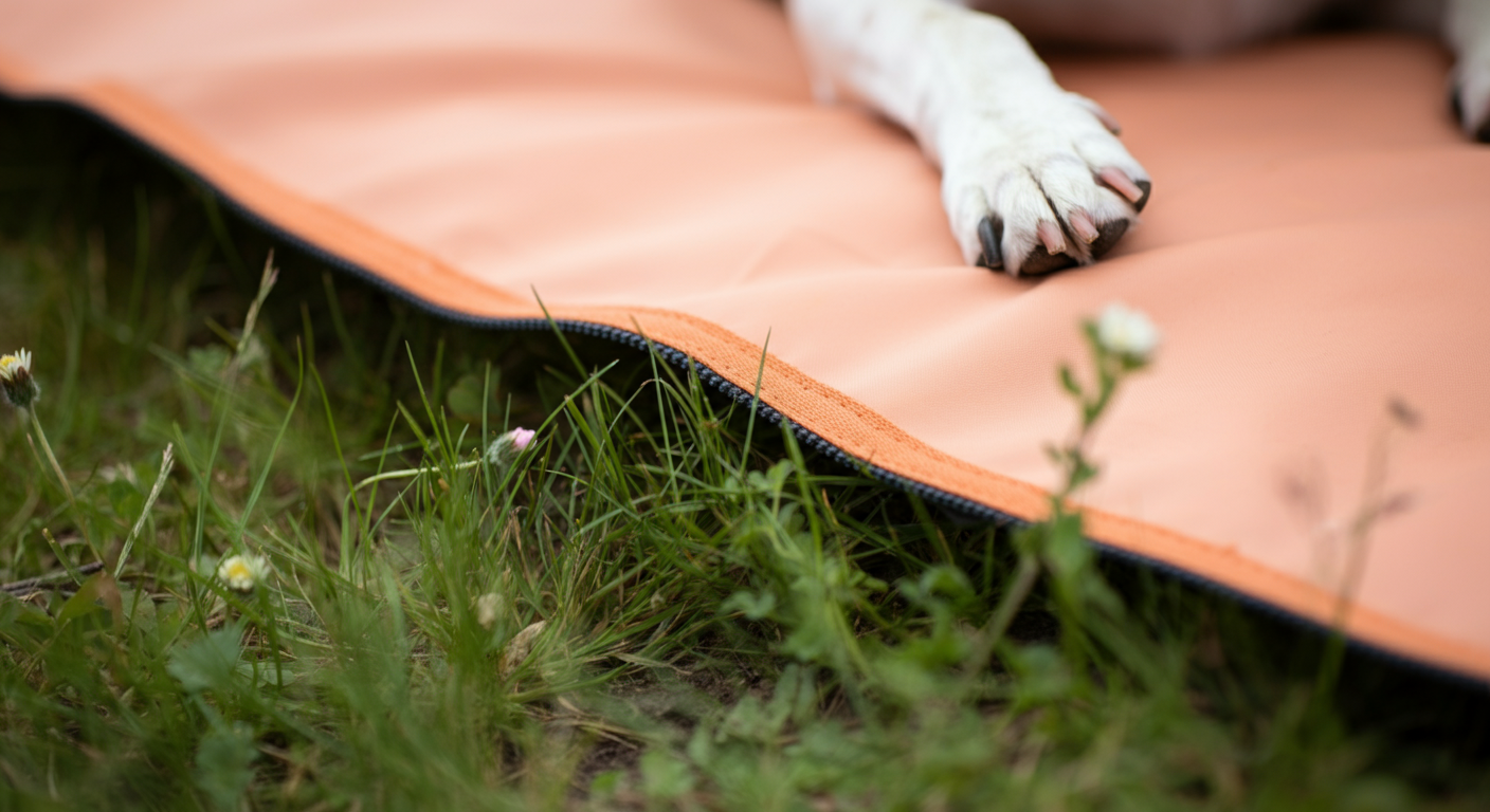 緑の草の上に敷かれた厚手の防水レジャーシートの端。シートの上には犬の足が一本だけ乗っており、清潔さが強調されている。