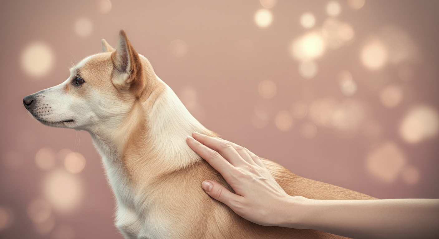 飼い主が犬の背中を優しく撫でている様子のクローズアップ