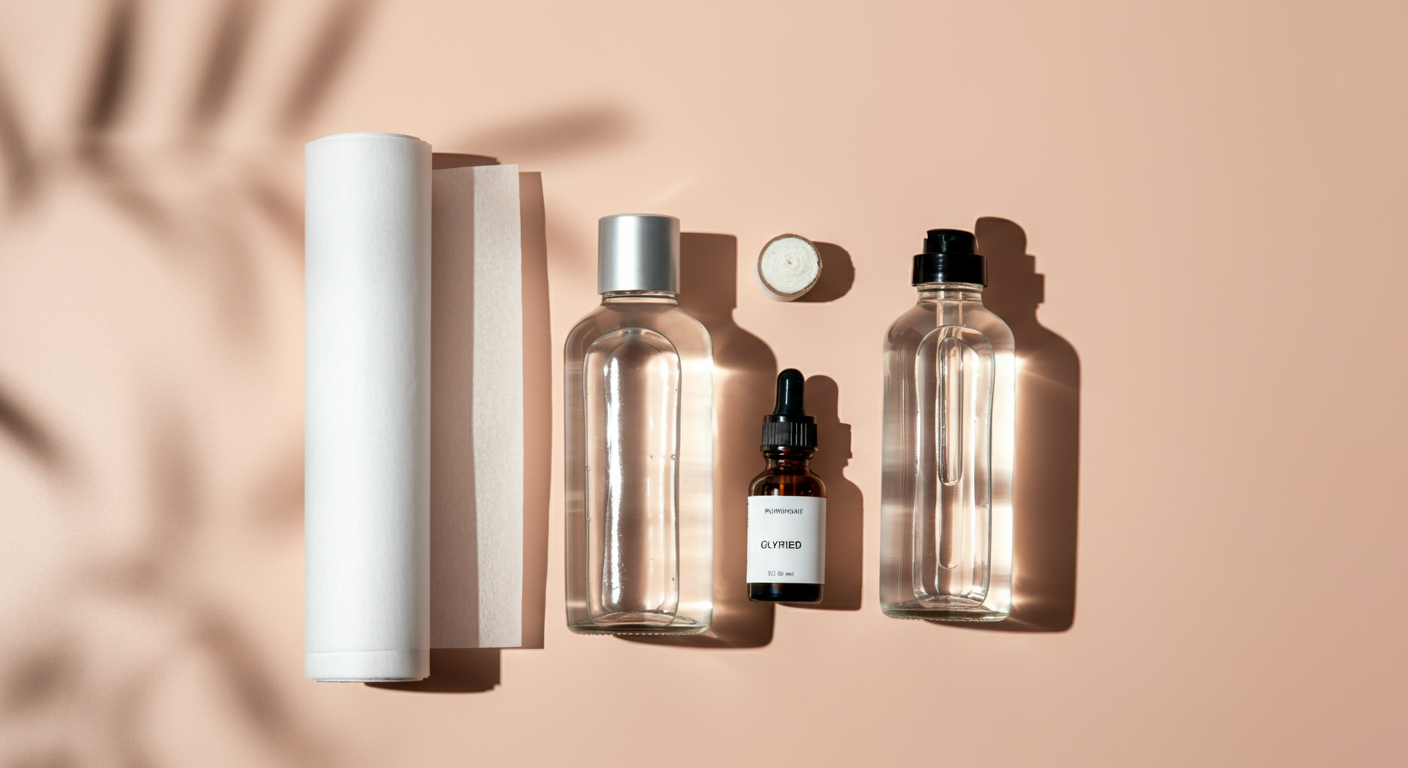 厚手のキッチンペーパー、精製水が入ったガラス瓶、グリセリンのスポイト瓶が、パステルカラーの背景に美しく並べられた俯瞰写真。