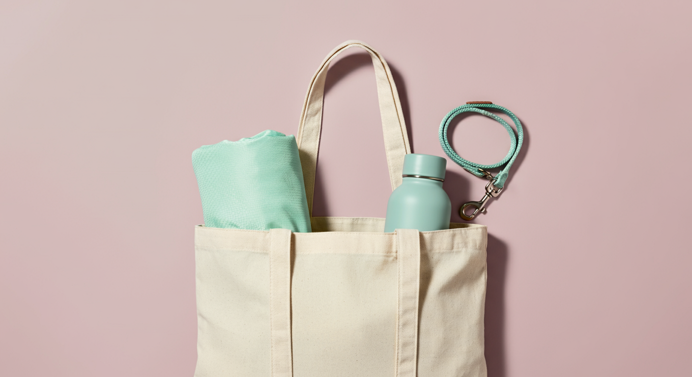 ドッグラン用のバッグからクールタオルや水筒がのぞいている様子