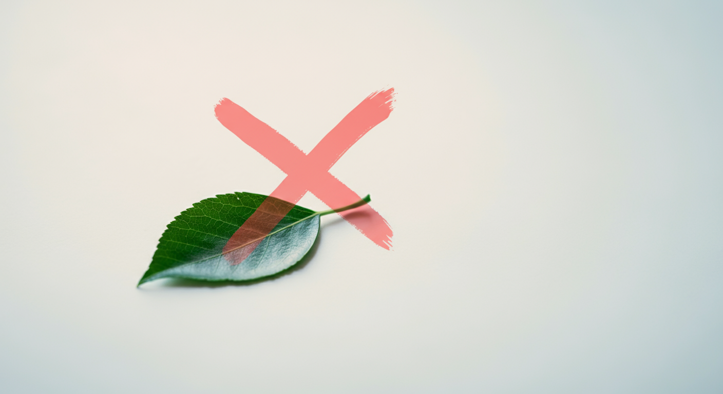 きれいな緑の葉の上に、赤いバツ印が描かれている抽象的なイメージ