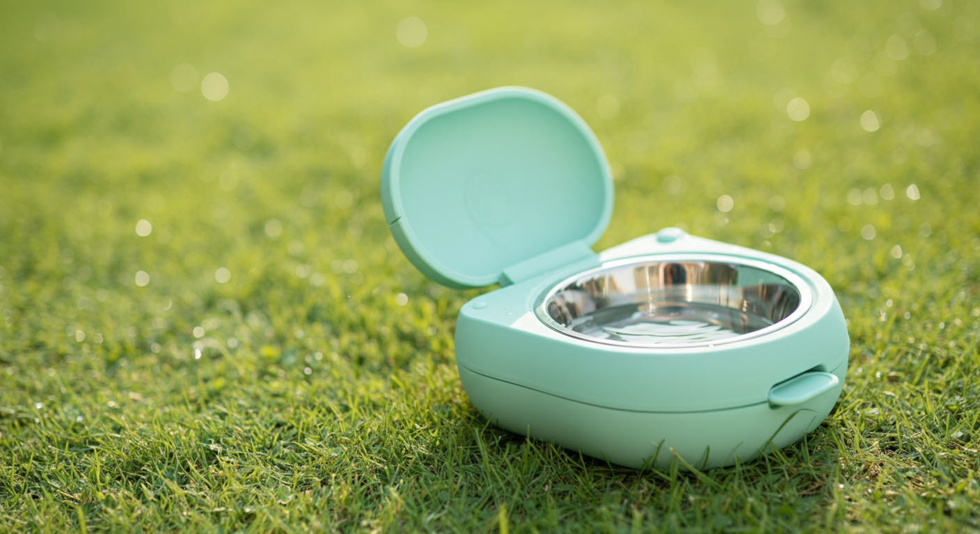 芝生の上に置かれたミントグリーンの犬用携帯水飲みボウル