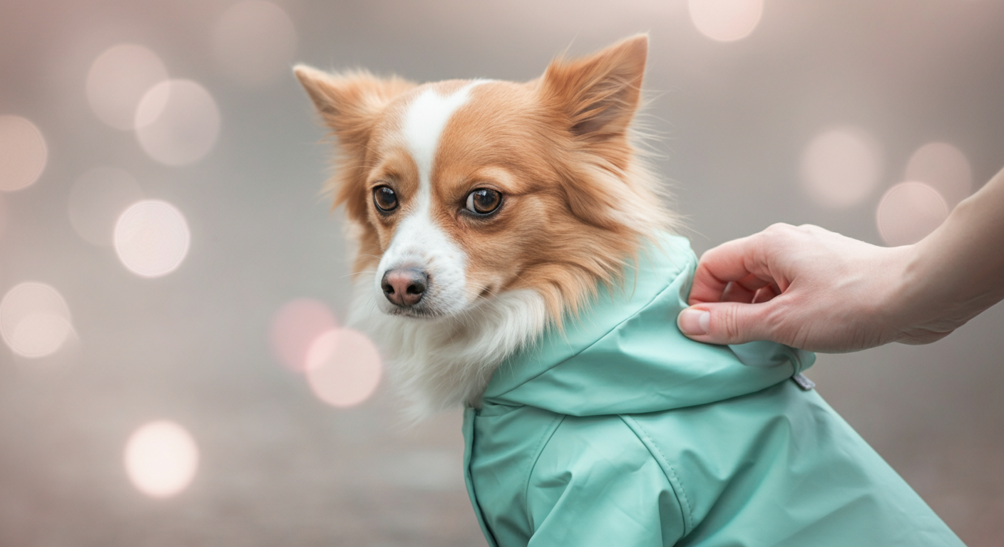 犬の背中に、飼い主の手が優しくミントグリーンのレインコートをほんの一瞬だけのせている様子。