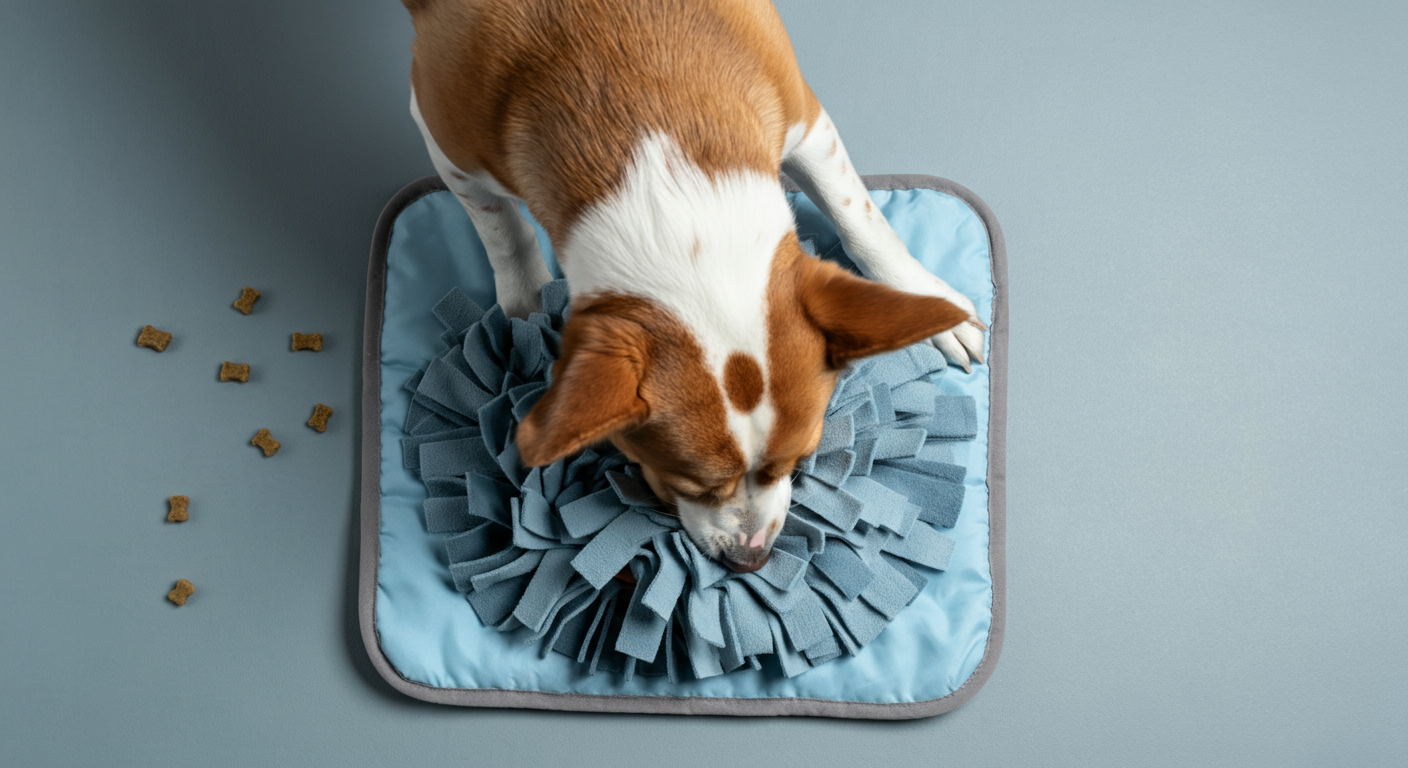 知育トイであるスナッフルマットに鼻をうずめ、集中しておやつを探している犬の真上からの写真。