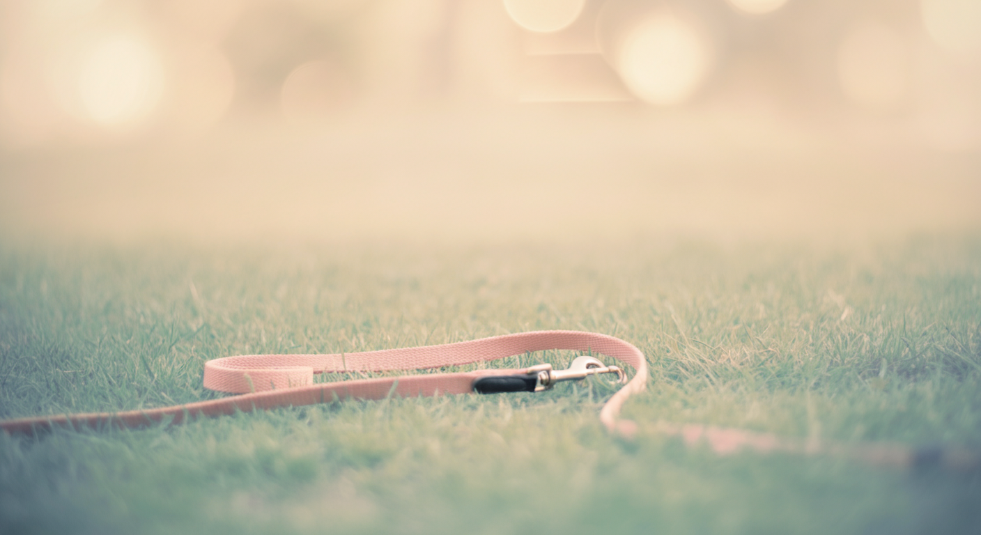 芝生の上に置かれた一本のリード。見る人から遠ざかるように伸びており、距離を取ることを示唆している。