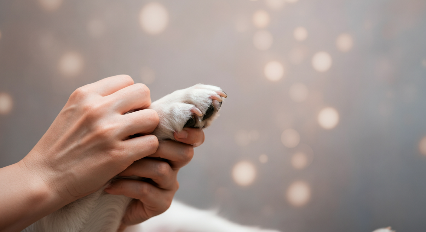 飼い主が柔らかい布で、一匹の犬の足を優しく拭いている様子のクローズアップ写真。