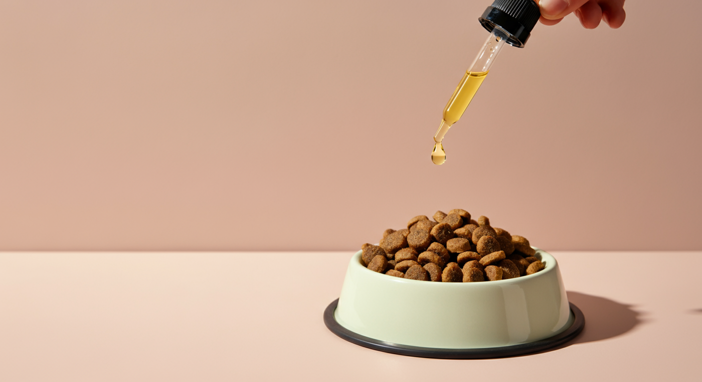 ドッグフードが入ったボウルに栄養のあるオイルが一滴加えられている様子