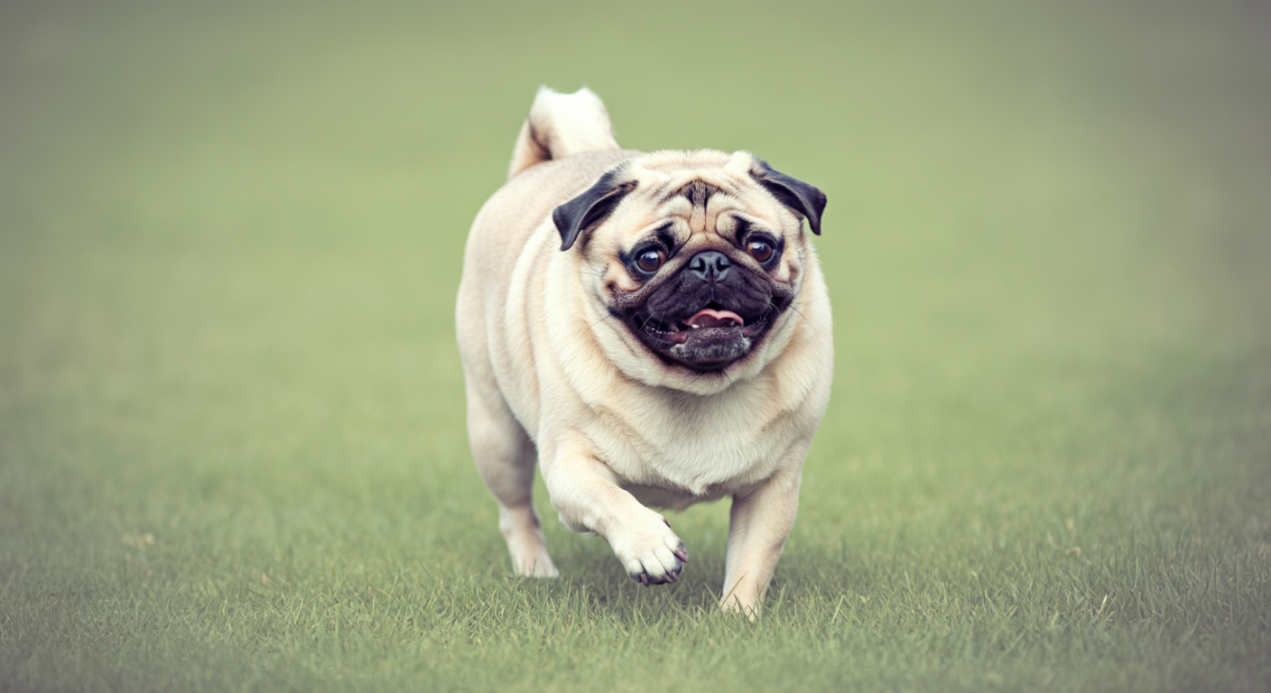 緑の芝生の上を元気に小走りで進む、楽しそうなパグ。