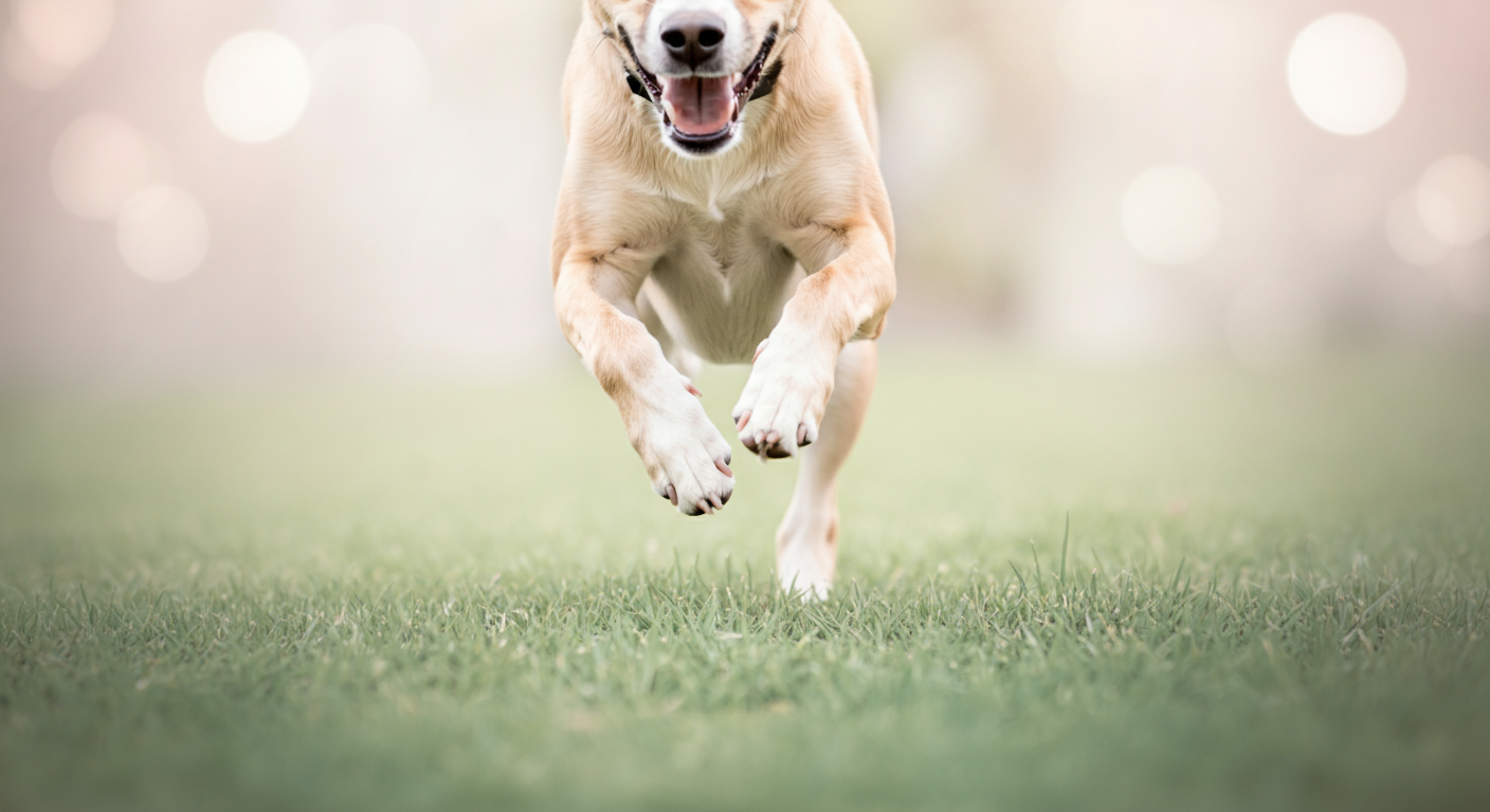 緑の芝生の上を、飼い主に向かって走ってくる犬の足元をローアングルで撮影した写真