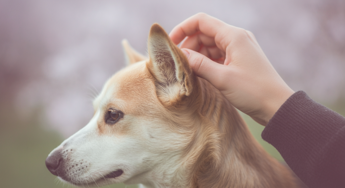 飼い主が優しく犬の頭を撫でて安心させている様子を捉えた、アーティスティックな写真。