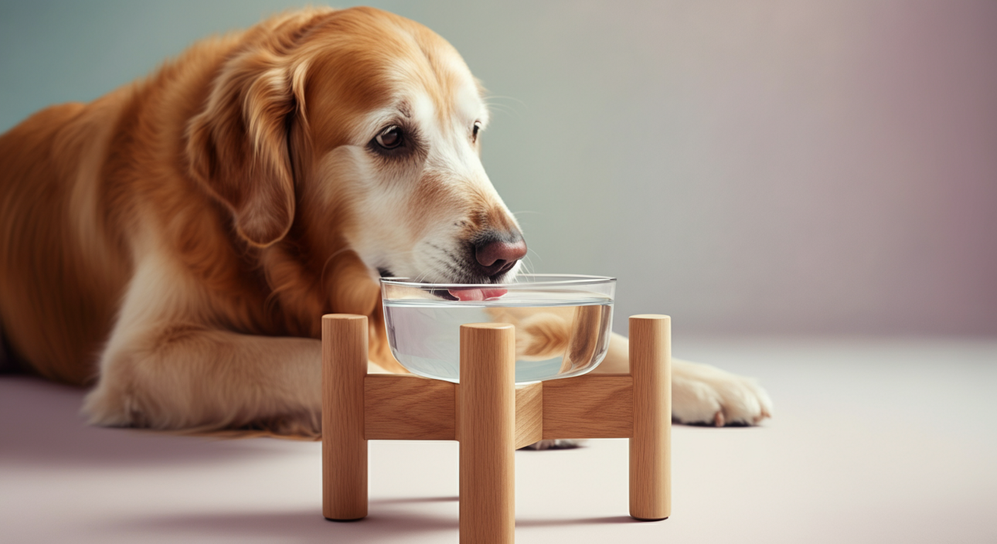 木製のスタンドに乗った犬用の水飲みボウルにピントが合った写真。背景には、白髪混じりのゴールデンレトリバーが楽な姿勢で水を飲んでいる様子が優しくぼけて写っている。