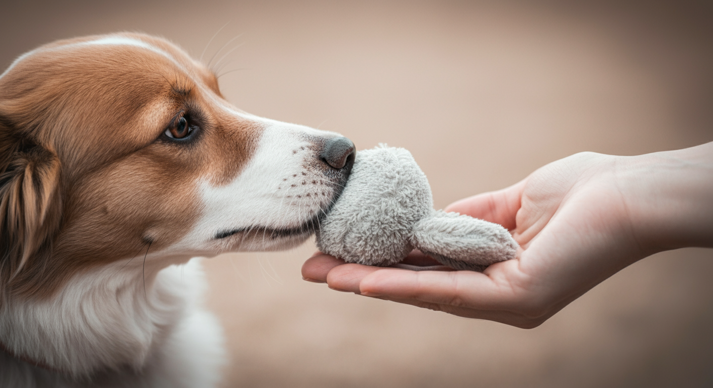 犬が飼い主の手にそっとおもちゃを渡している様子のマクロ撮影