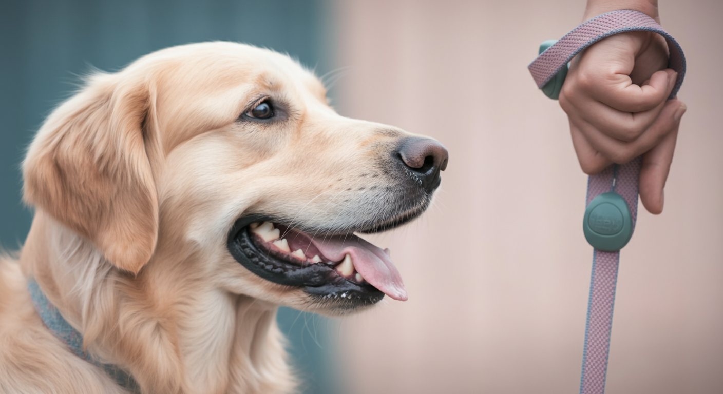 飼い主が優しく犬のリードを握る手元と、背景で信頼の眼差しを向ける犬の顔。