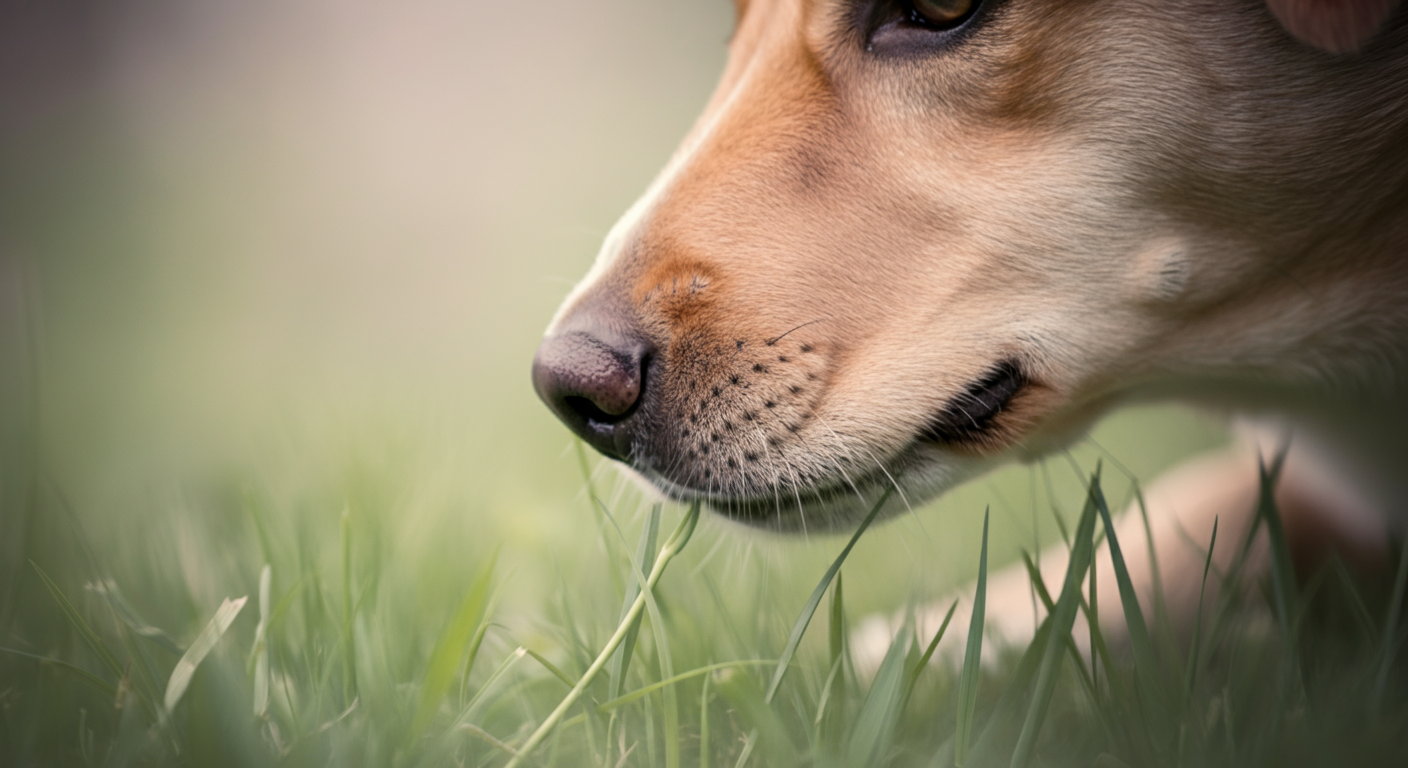 一本の草の匂いを熱心に嗅ぐ犬の鼻のマクロ撮影。周りの世界は柔らかくぼけており、犬の集中を表現している。