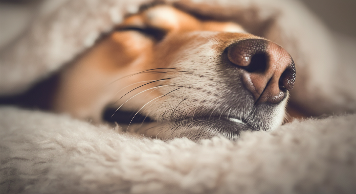パステルカラーのミニマルな空間で、ふわふわのブランケットから犬の鼻先とヒゲだけが見えている。ぐっすり眠っている様子。