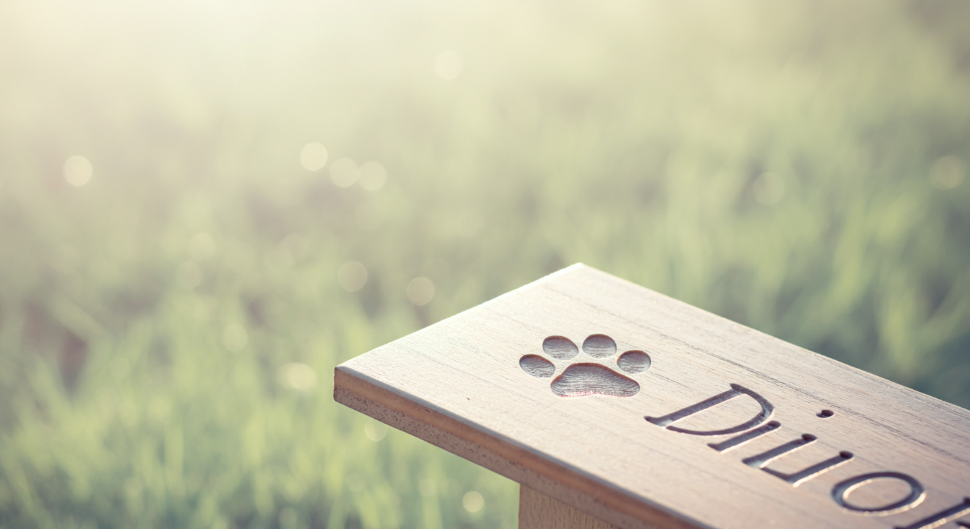 パステルカラーの柔らかな光の中、ドッグランの利用規約が書かれた木製の看板の一部が写っている。看板には犬の足跡のマークが薄く刻まれている。