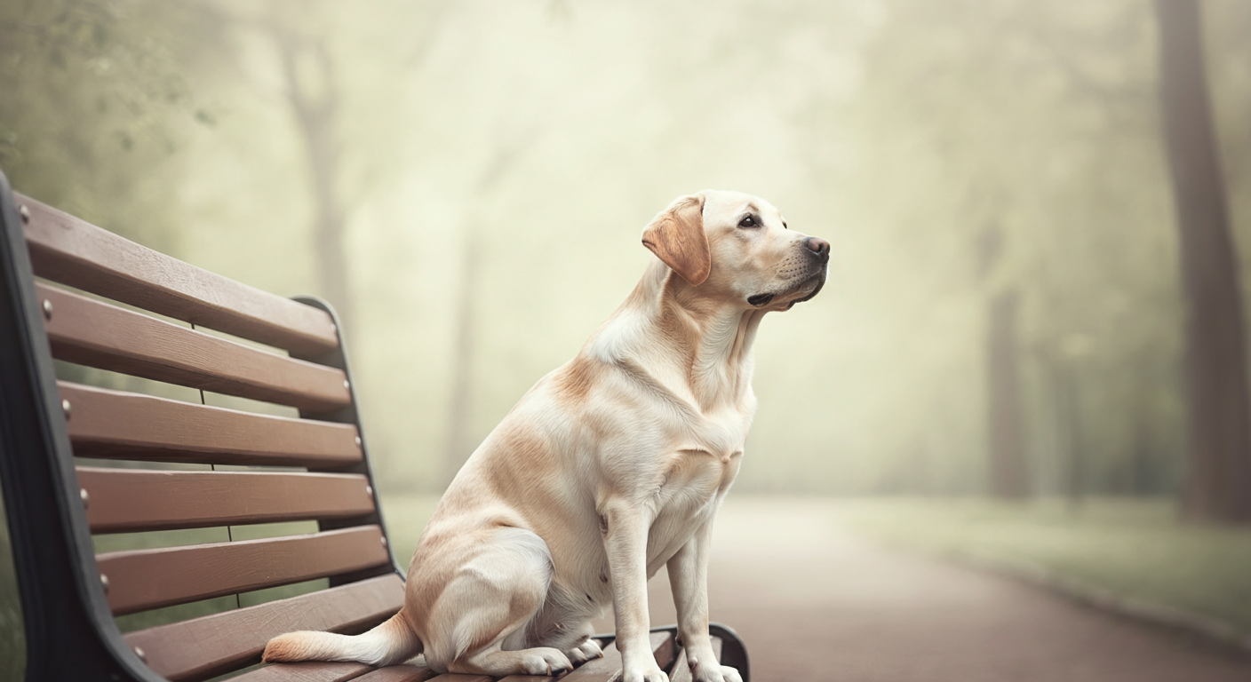 公園のベンチに静かに座り、穏やかに遠くを見つめるラブラドール。