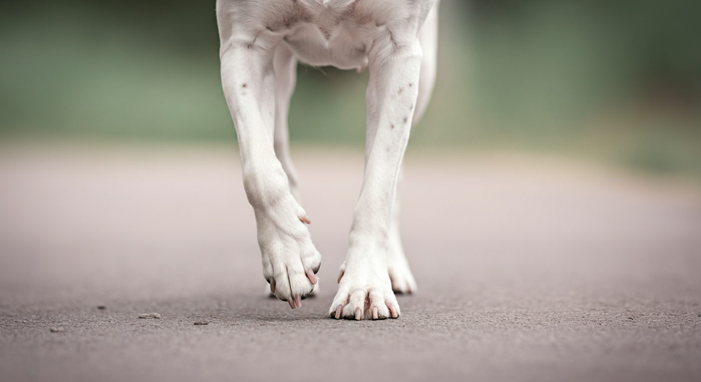 静かな道を落ち着いて歩く一匹の犬の足元をローアングルで捉えた、穏やかな雰囲気の写真。