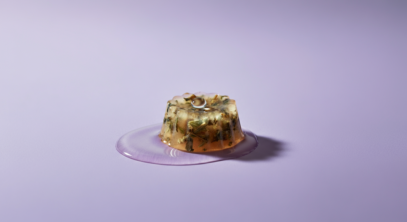 ラベンダー色の背景に置かれた、ハーブの粒が見える半透明の犬用おやつのマクロ写真。