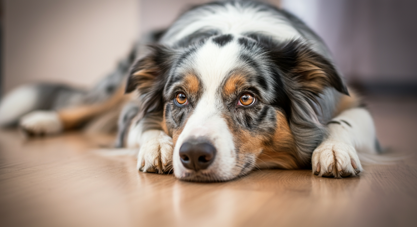 床に伏せて、少し疲れたような、物憂げな表情でこちらを見つめる犬。