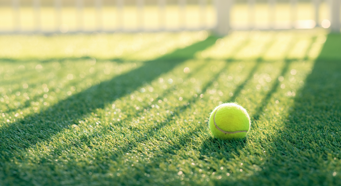 朝の光が差し込む誰もいないドッグランに、ぽつんと置かれたテニスボール。