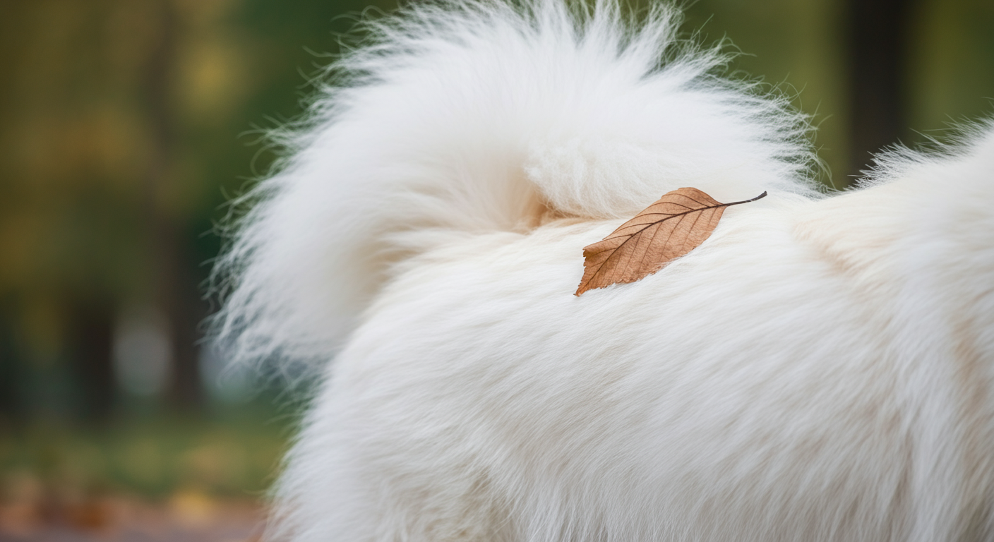 サモエドの白い毛に絡まった一枚の枯れ葉のクローズアップ写真。