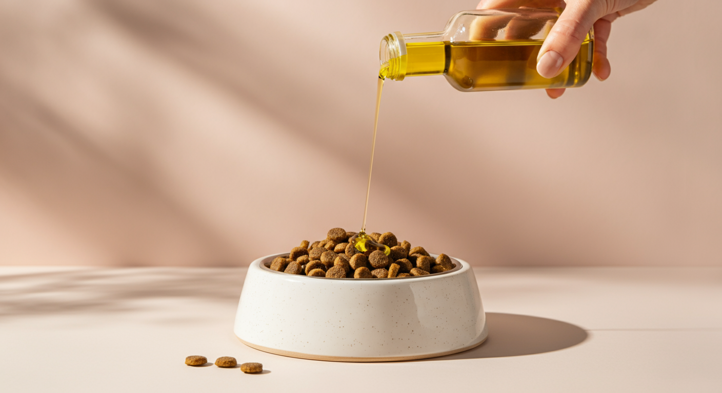 白いシンプルなドッグフードボウルに入ったフードに、ガラス瓶から亜麻仁油が注がれている様子のクローズアップ。