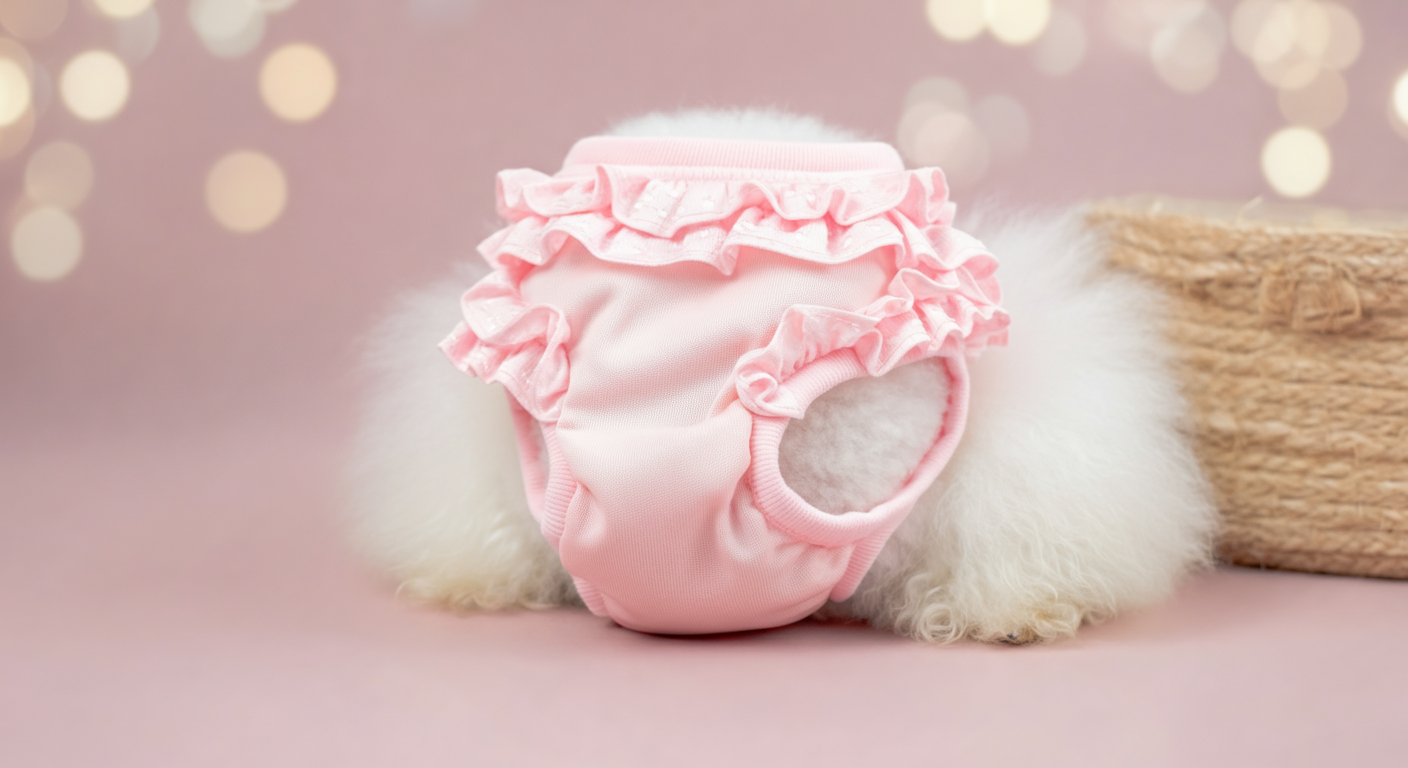 フリルが付いた可愛らしい犬用マナーパンツ。しっぽを通す穴がはっきりと写っている。