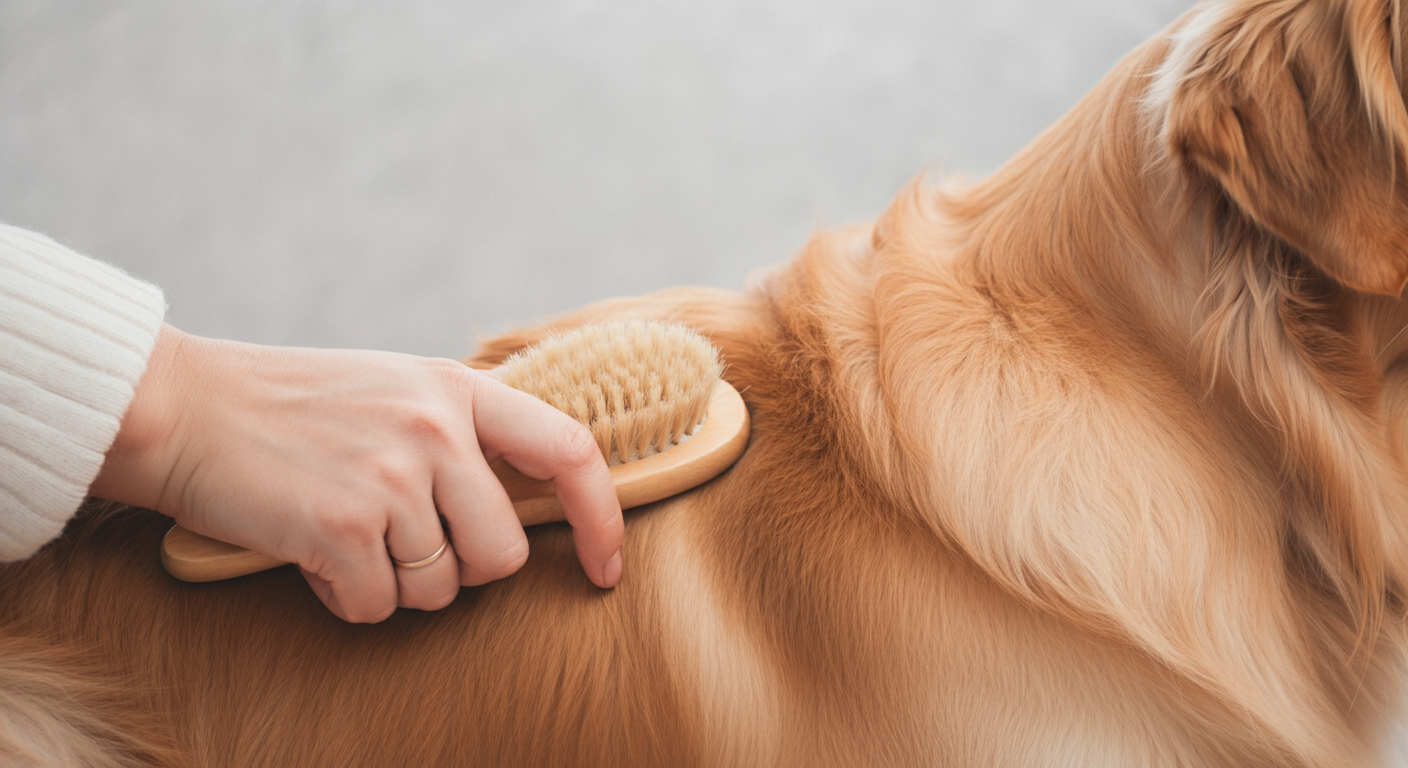 パステルカラーの背景に、女性の手が犬の背中の毛に優しくブラシを当てている様子のクローズアップ写真。