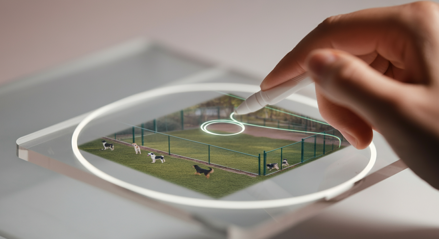 ドッグランの写真の上に重ねられた透明な画面上で、指が光る円を描いて仮想フェンスを設定している様子。